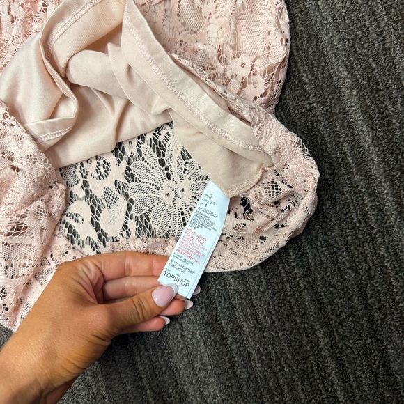 Topshop Blush Pink Lace Top Blouse with Ruffle Sleeves High Neck - Picture 5 of 8